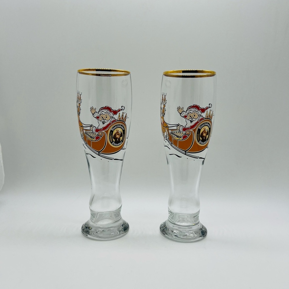 Set of 2 Franziskaner Weissbier Santa Claus Themed Steins with Gold Rim